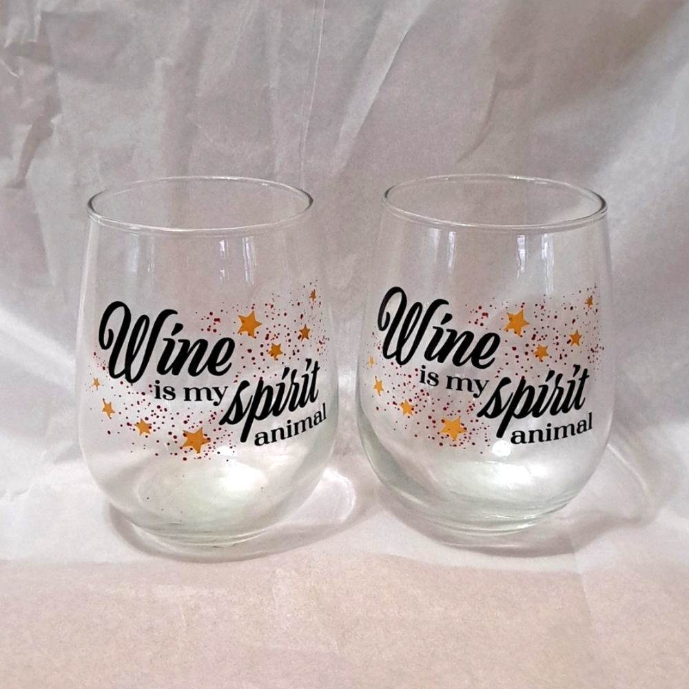 NWT Wine is My Spirit Animal Stemless Glasses Clear 17 oz Valentine's Birthday